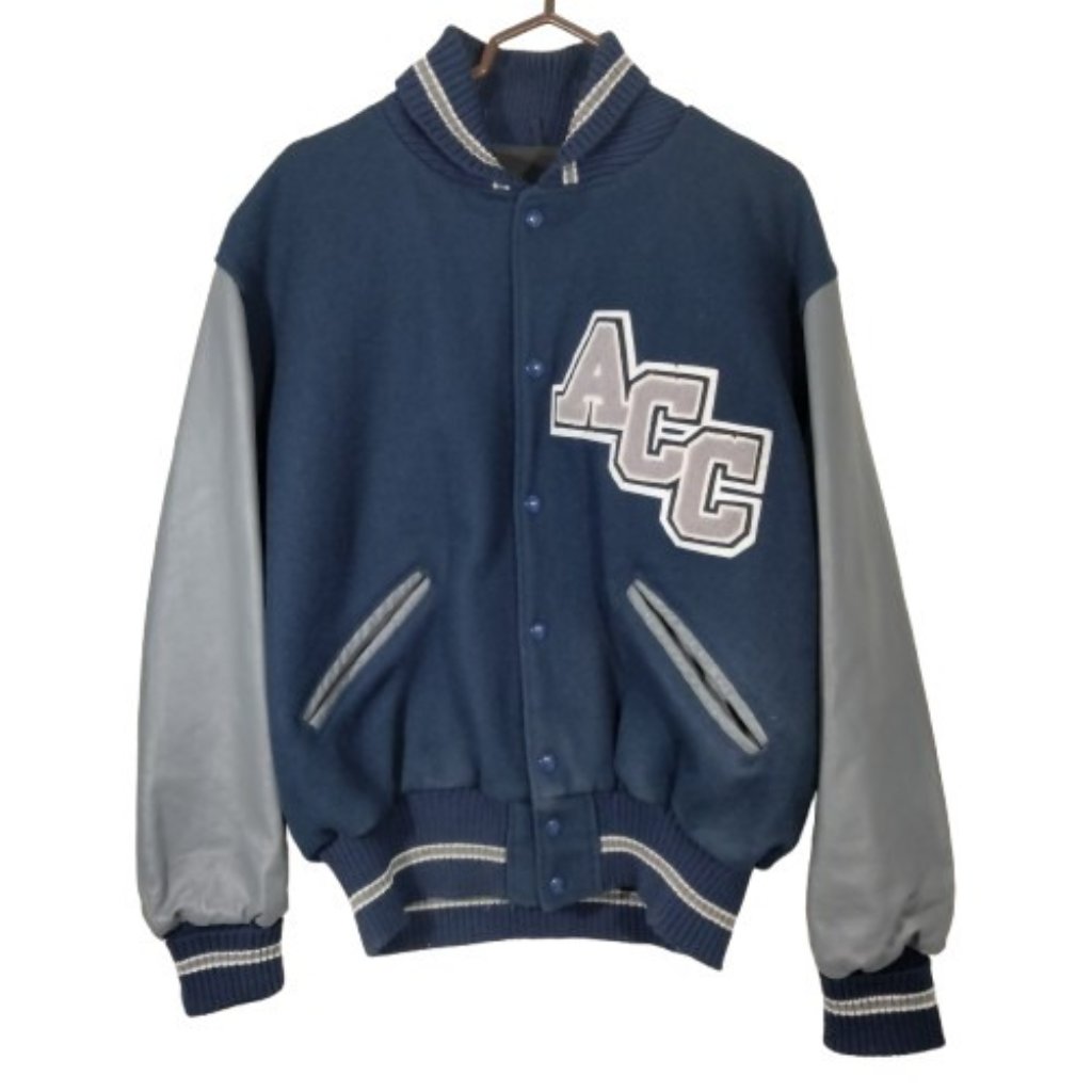 Vtg 80s Acc Delong Wool Varsity Jacket L Bomber Leather Letterman Usa Made Blue